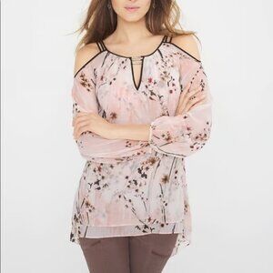 WHITE HOUSE BLACK MARKET SIZE M COLD SHOULDER SHEER OVERLAY FLORAL PRINT BLOUSE
